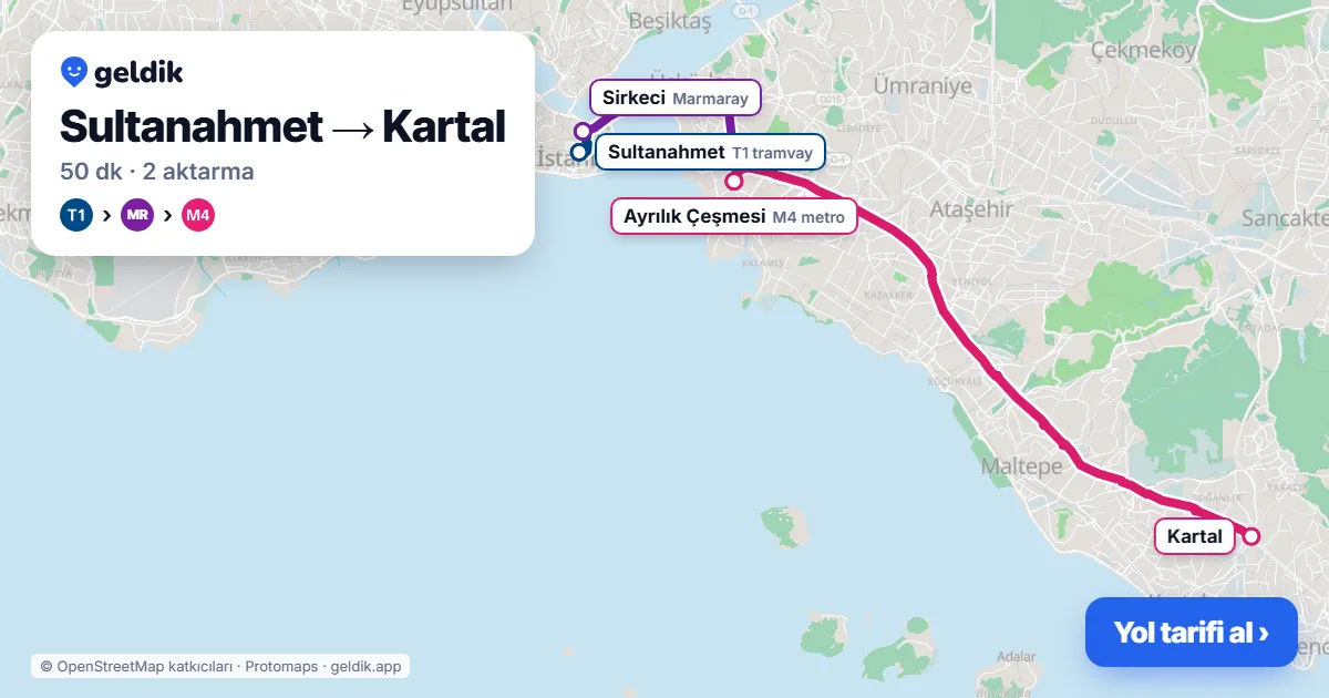 Sultanahmet – Kartal yol haritası: T1 → Marmaray → M4 ile ~50 dk