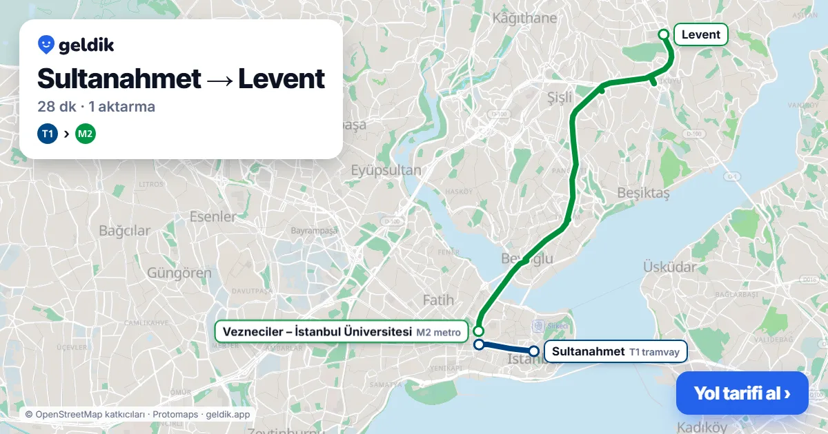 Sultanahmet – Levent yol haritası: T1 → M2 ile ~28 dk