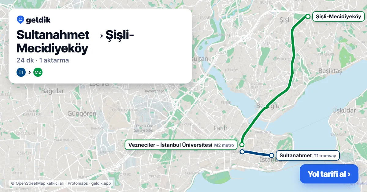 Sultanahmet – Mecidiyeköy yol haritası: T1 → M2 ile ~24 dk