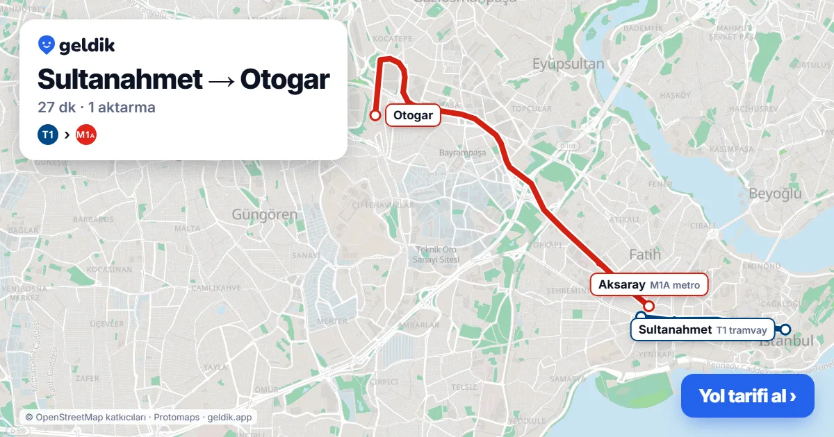 Sultanahmet – Otogar yol haritası: T1 → M1A ile ~27 dk