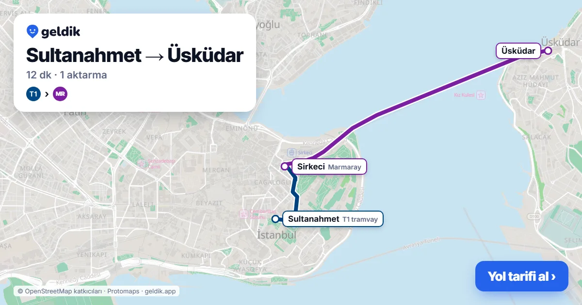 Sultanahmet – Üsküdar yol haritası: T1 → Marmaray ile ~12 dk
