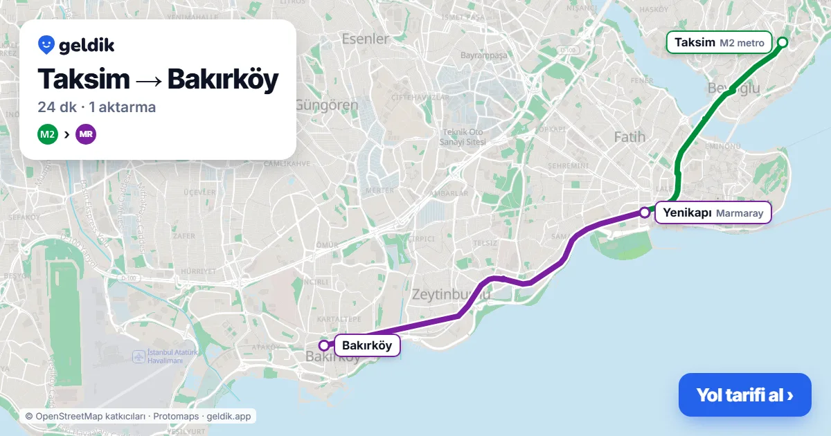 Taksim – Bakırköy yol haritası: M2 → Marmaray ile ~24 dk
