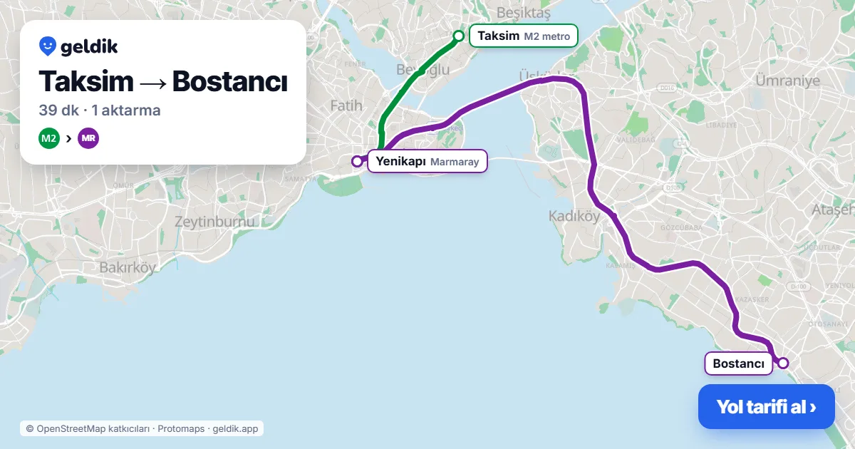 Taksim – Bostancı yol haritası: M2 → Marmaray ile ~39 dk