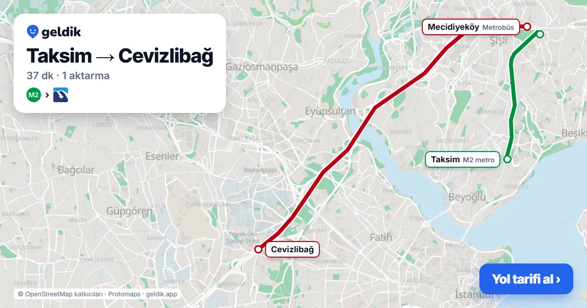 Taksim – Cevizlibağ yol haritası: M2 → Metrobüs ile ~37 dk