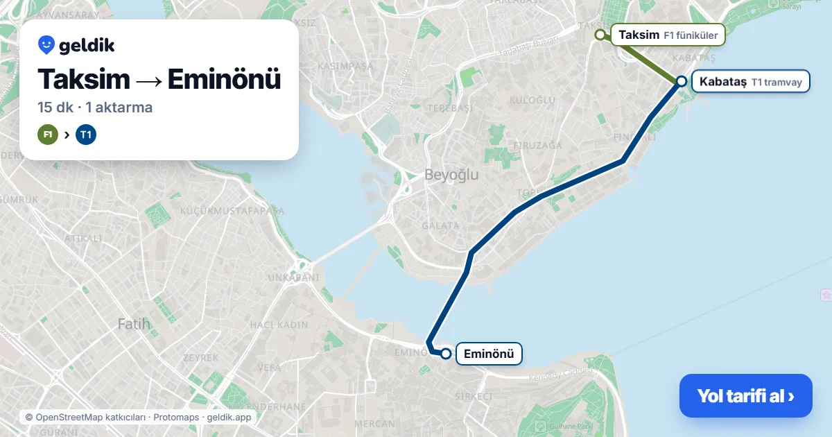 Taksim – Eminönü yol haritası: F1 → T1 ile ~15 dk