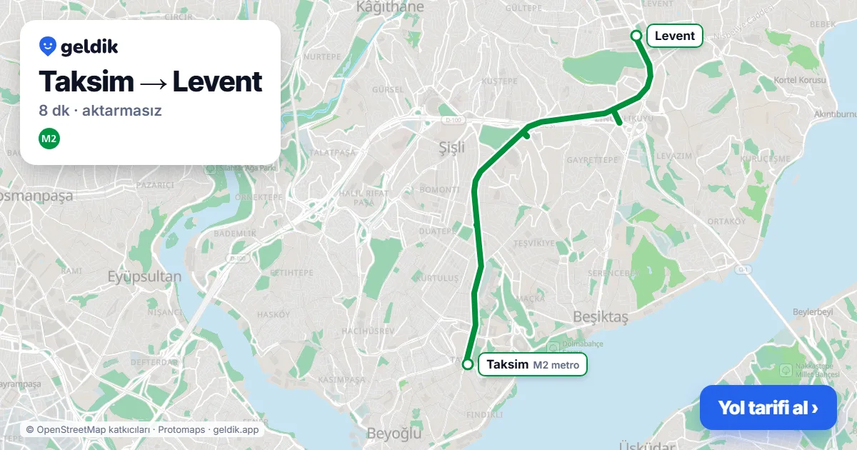Taksim – Levent yol haritası: M2 ile ~8 dk