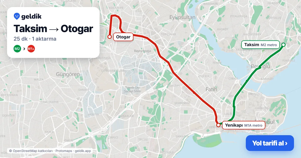 Taksim – Otogar yol haritası: M2 → M1A ile ~25 dk