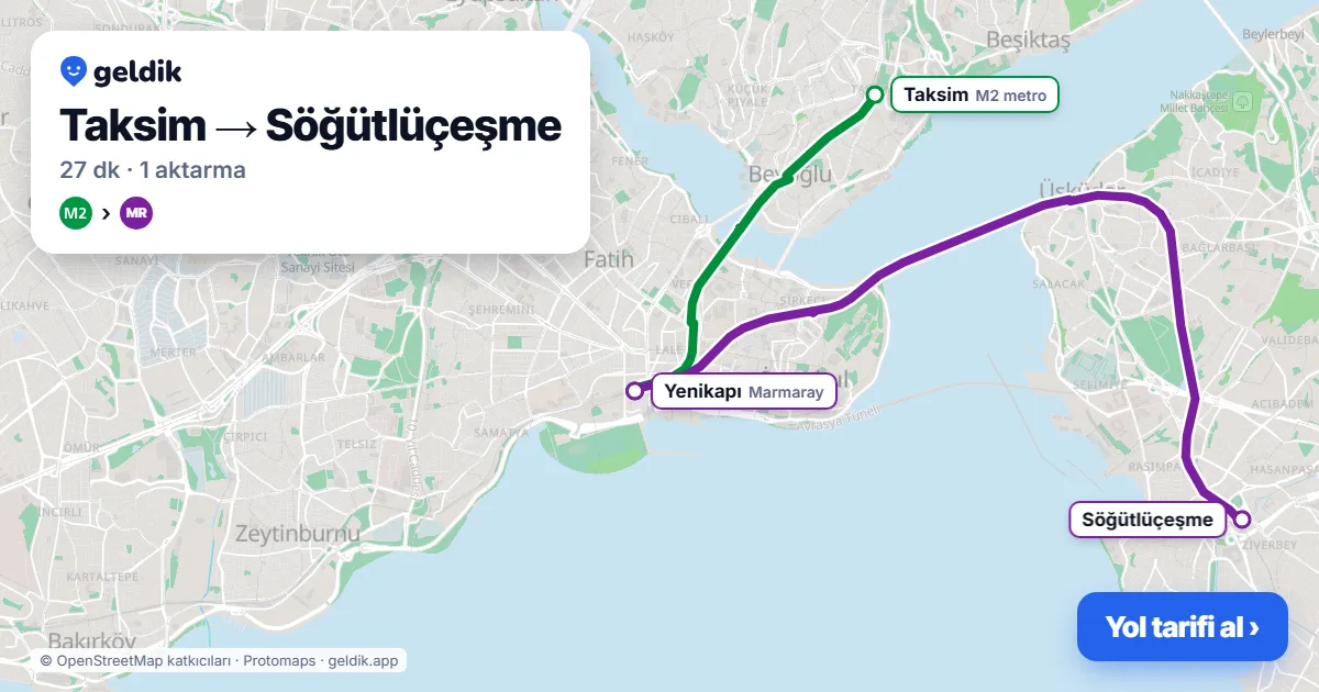 Taksim – Söğütlüçeşme yol haritası: M2 → Marmaray ile ~27 dk