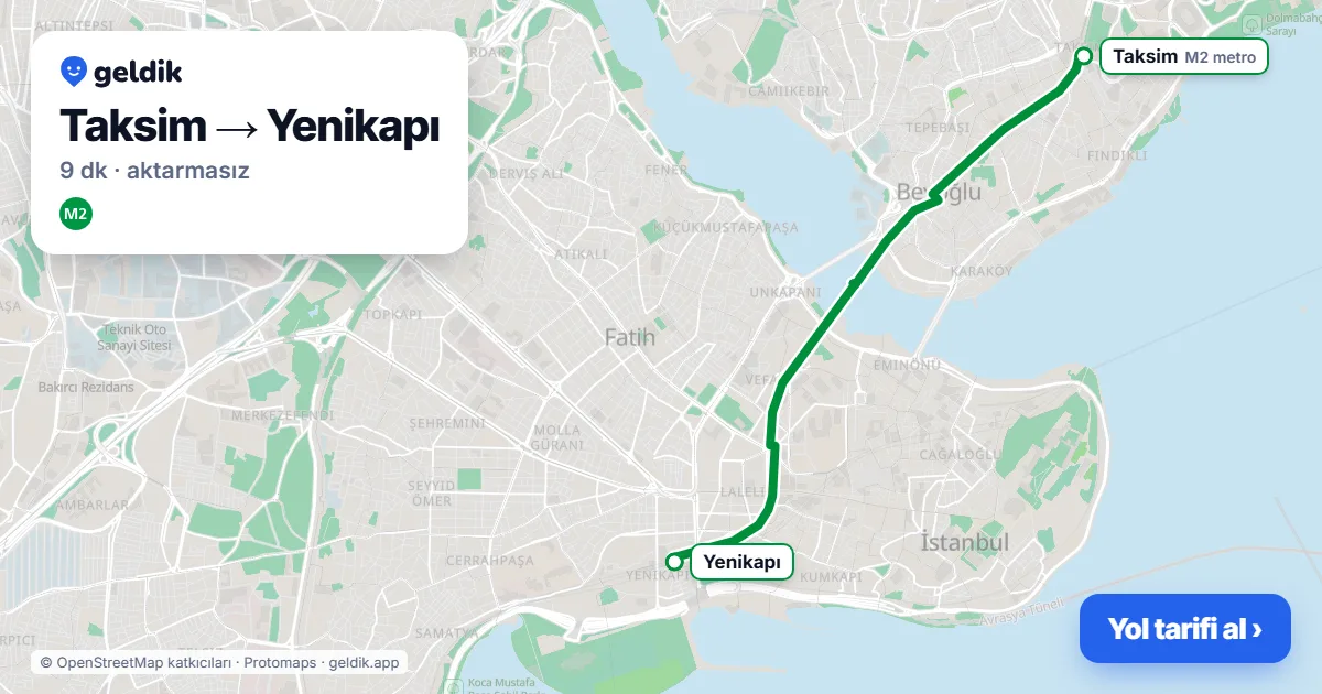 Taksim – Yenikapı yol haritası: M2 ile ~9 dk