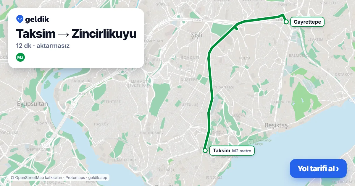 Taksim – Zincirlikuyu yol haritası: M2 ile ~12 dk
