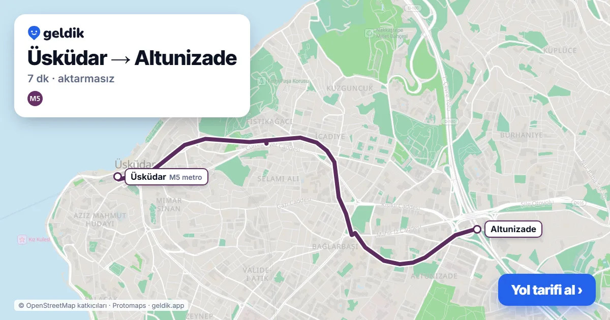 Üsküdar – Altunizade yol haritası: M5 ile ~7 dk