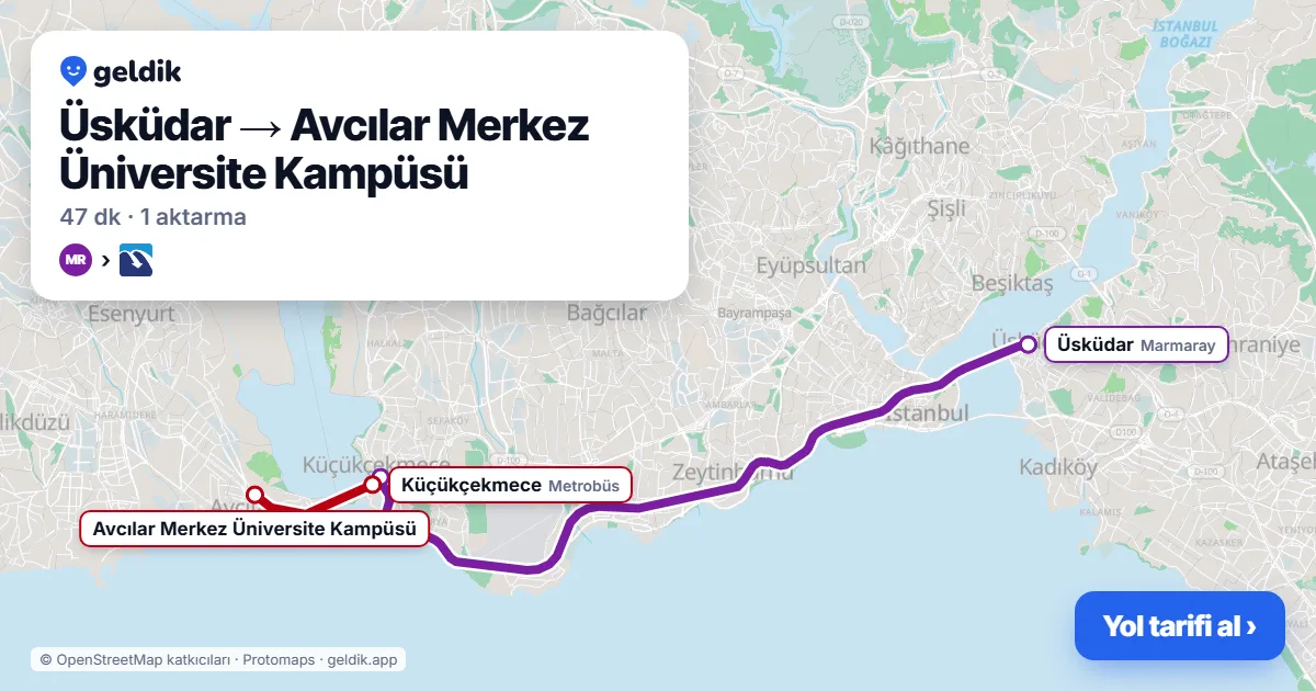 Üsküdar – Avcılar yol haritası: Marmaray → Metrobüs ile ~47 dk
