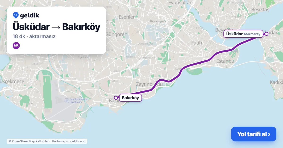 Üsküdar – Bakırköy yol haritası: Marmaray ile ~18 dk