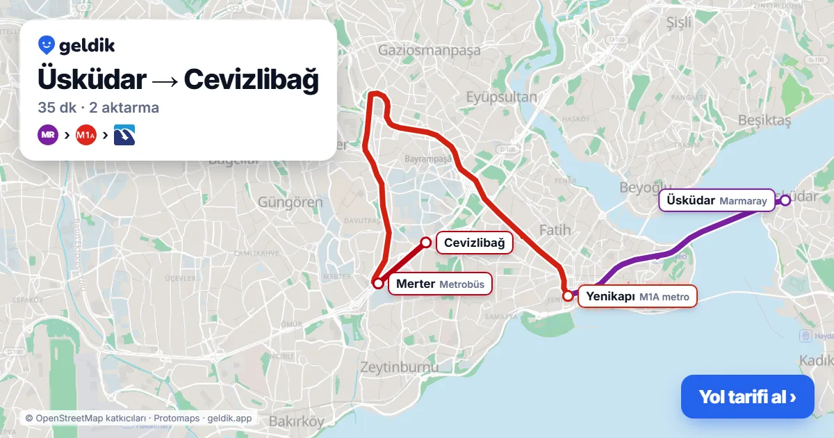 Üsküdar – Cevizlibağ yol haritası: Marmaray → M1A → Metrobüs ile ~35 dk