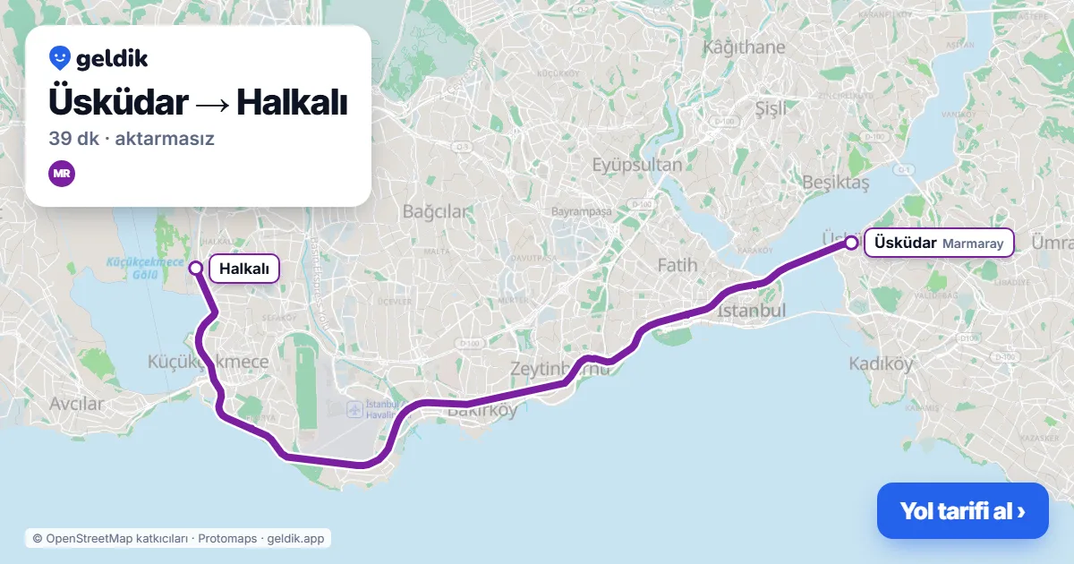 Üsküdar – Halkalı yol haritası: Marmaray ile ~39 dk