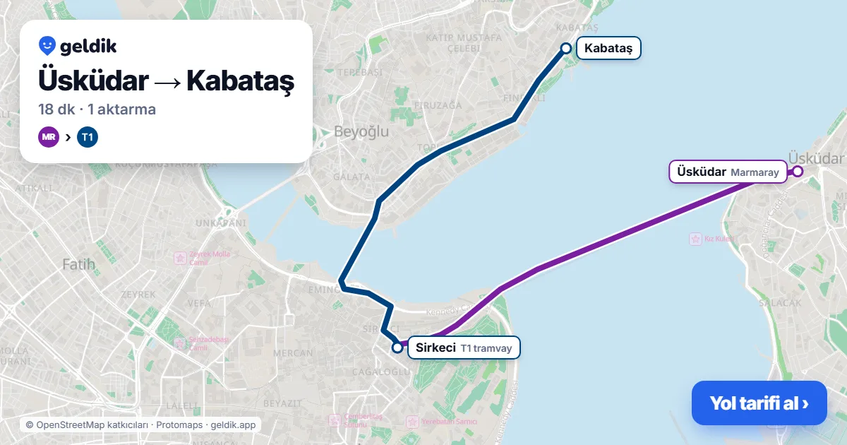 Üsküdar – Kabataş yol haritası: Marmaray → T1 ile ~18 dk