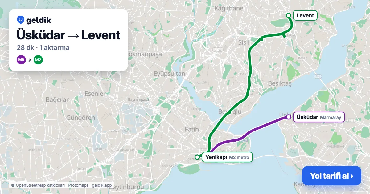 Üsküdar – Levent yol haritası: Marmaray → M2 ile ~28 dk