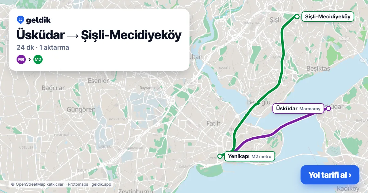 Üsküdar – Mecidiyeköy yol haritası: Marmaray → M2 ile ~24 dk