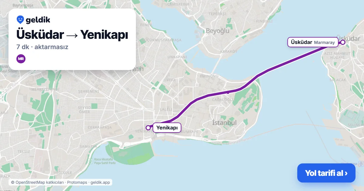 Üsküdar – Yenikapı yol haritası: Marmaray ile ~7 dk
