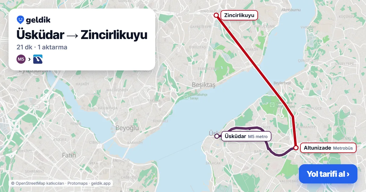 Üsküdar – Zincirlikuyu yol haritası: M5 → Metrobüs ile ~21 dk