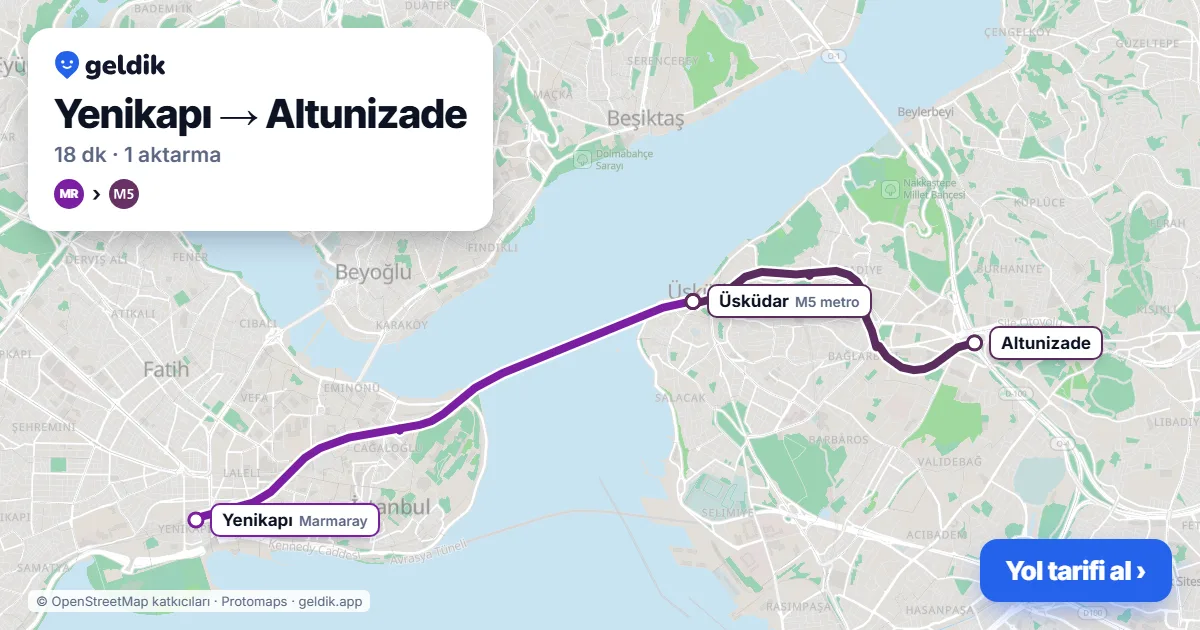 Yenikapı – Altunizade yol haritası: Marmaray → M5 ile ~18 dk