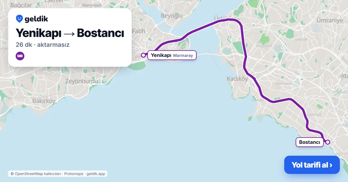 Yenikapı – Bostancı yol haritası: Marmaray ile ~26 dk