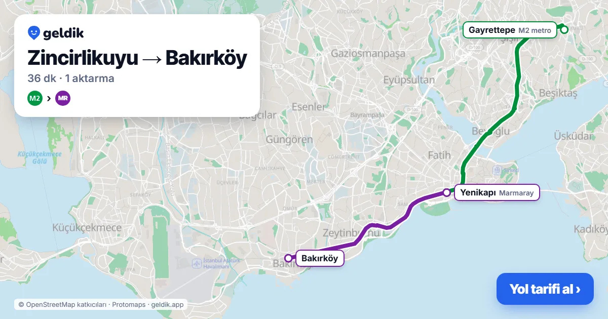 Zincirlikuyu – Bakırköy yol haritası: M2 → Marmaray ile ~36 dk