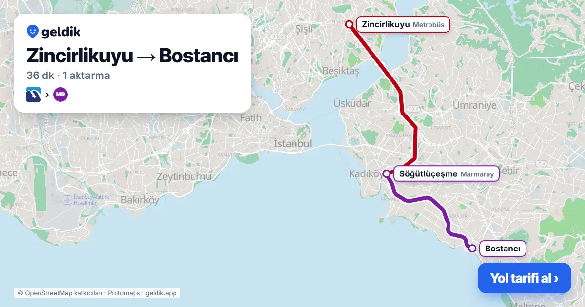 Zincirlikuyu – Bostancı yol haritası: Metrobüs → Marmaray ile ~36 dk