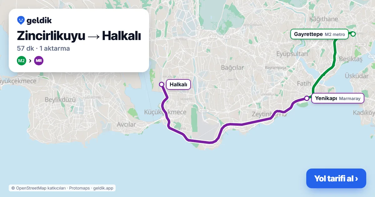Zincirlikuyu – Halkalı yol haritası: M2 → Marmaray ile ~57 dk