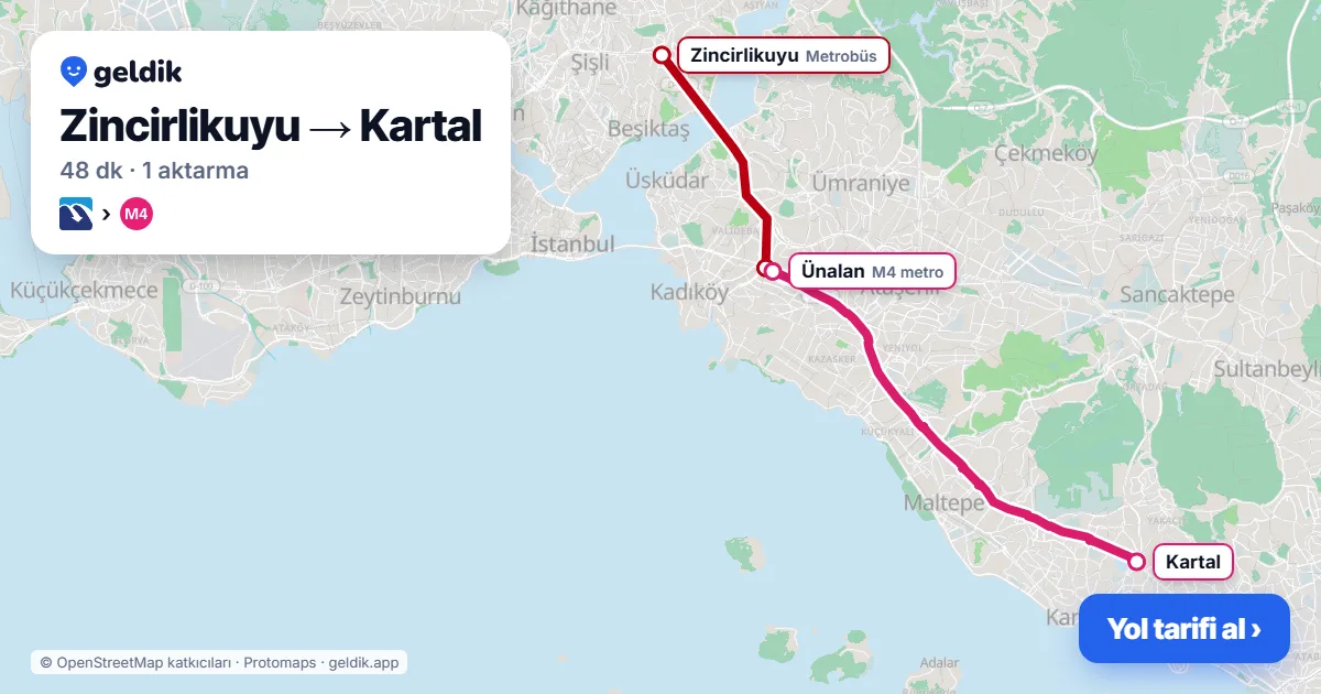 Zincirlikuyu – Kartal yol haritası: Metrobüs → M4 ile ~48 dk
