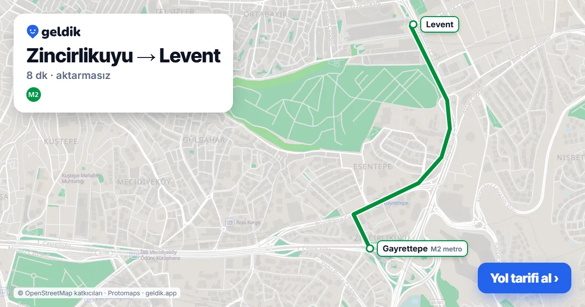 Zincirlikuyu – Levent yol haritası: M2 ile ~8 dk