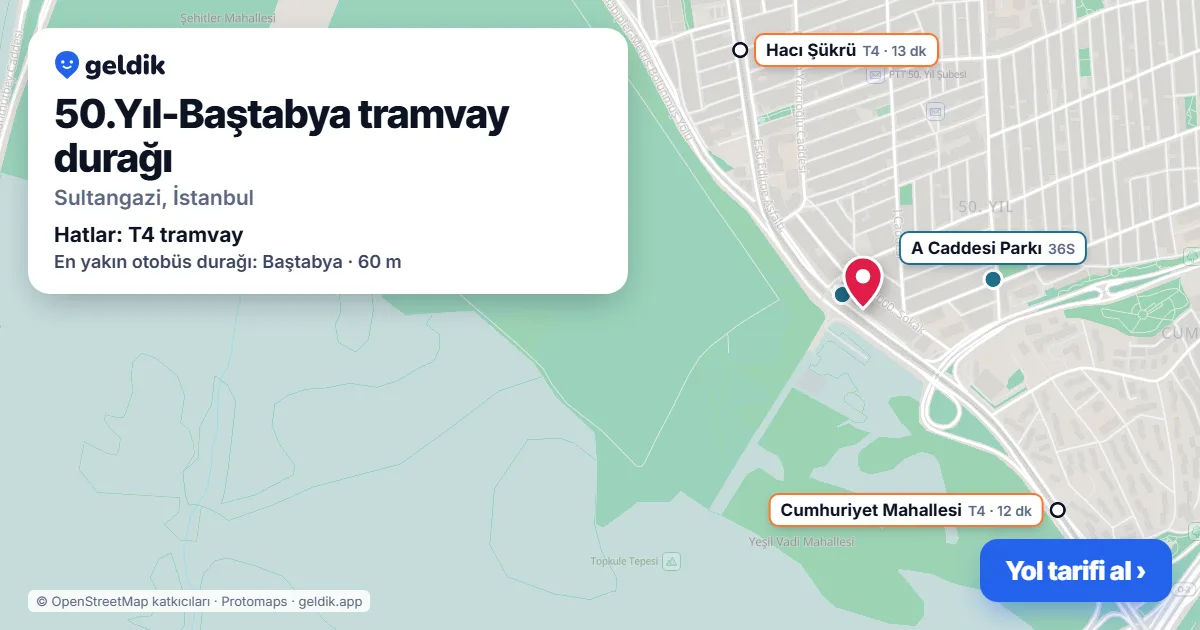 50.Yıl-Baştabya tramvay durağı haritada: konumu, yakındaki istasyonlar ve otobüs durakları