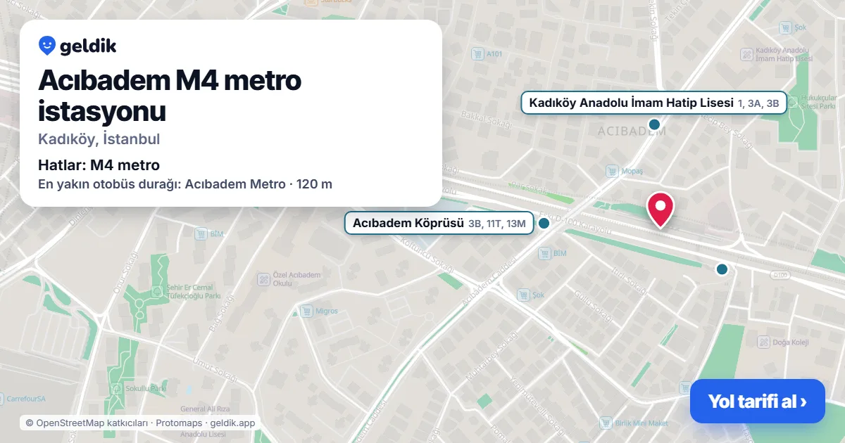 Acıbadem M4 metro istasyonu haritada: konumu, yakındaki istasyonlar ve otobüs durakları
