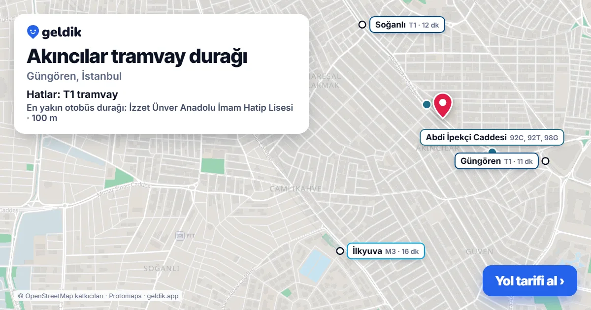 Akıncılar tramvay durağı haritada: konumu, yakındaki istasyonlar ve otobüs durakları