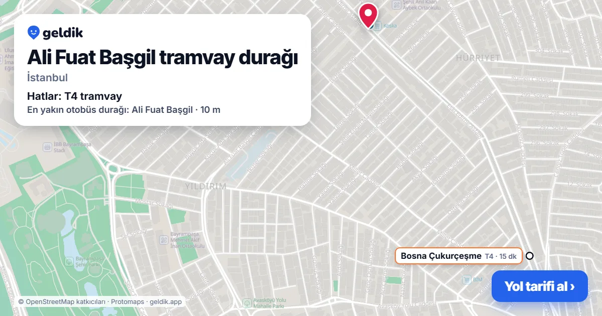 Ali Fuat Başgil tramvay durağı haritada: konumu, yakındaki istasyonlar ve otobüs durakları