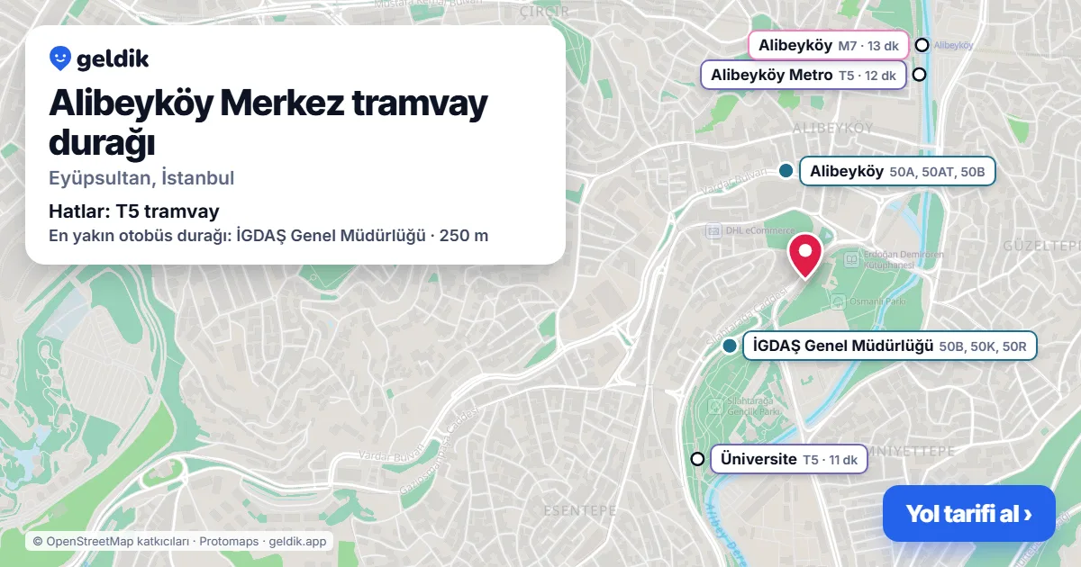 Alibeyköy Merkez tram stop on the map: location, nearby stations and bus stops