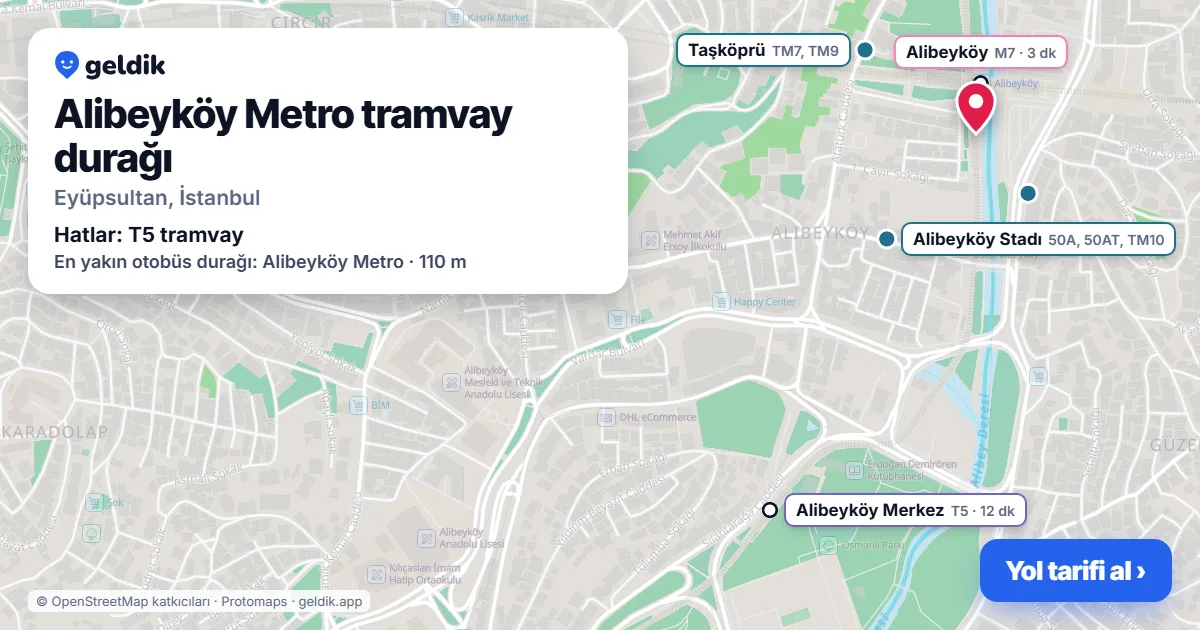 Alibeyköy Metro tramvay durağı haritada: konumu, yakındaki istasyonlar ve otobüs durakları