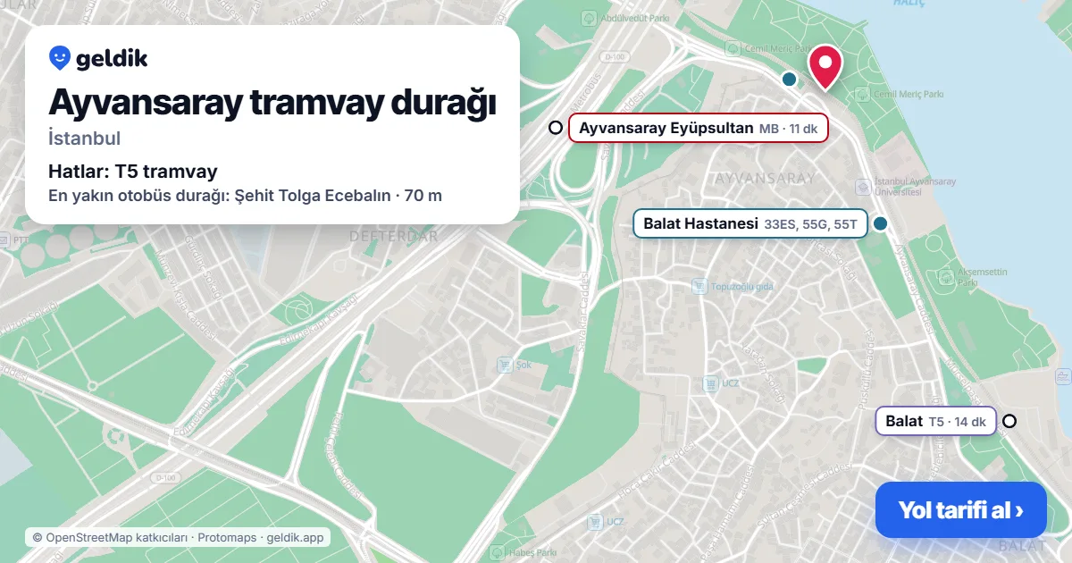 Ayvansaray tramvay durağı haritada: konumu, yakındaki istasyonlar ve otobüs durakları