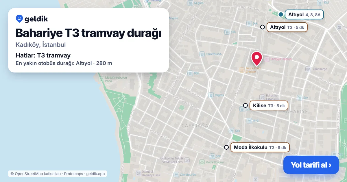Bahariye T3 tramvay durağı haritada: konumu, yakındaki istasyonlar ve otobüs durakları