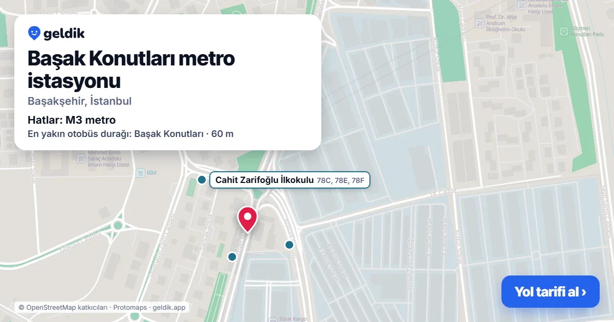 Başak Konutları metro istasyonu haritada: konumu, yakındaki istasyonlar ve otobüs durakları