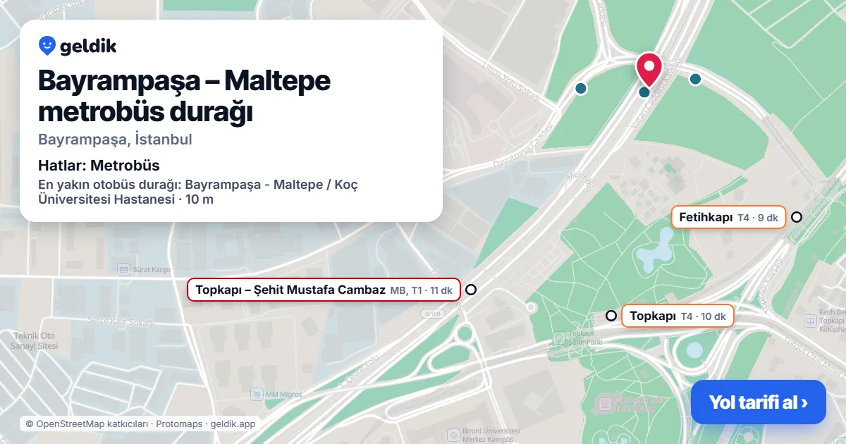 Bayrampaşa – Maltepe metrobüs durağı haritada: konumu, yakındaki istasyonlar ve otobüs durakları