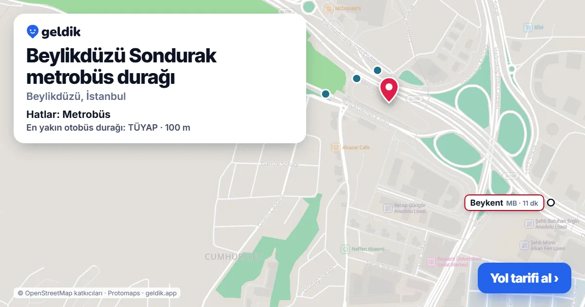 Beylikdüzü Sondurak metrobüs durağı haritada: konumu, yakındaki istasyonlar ve otobüs durakları