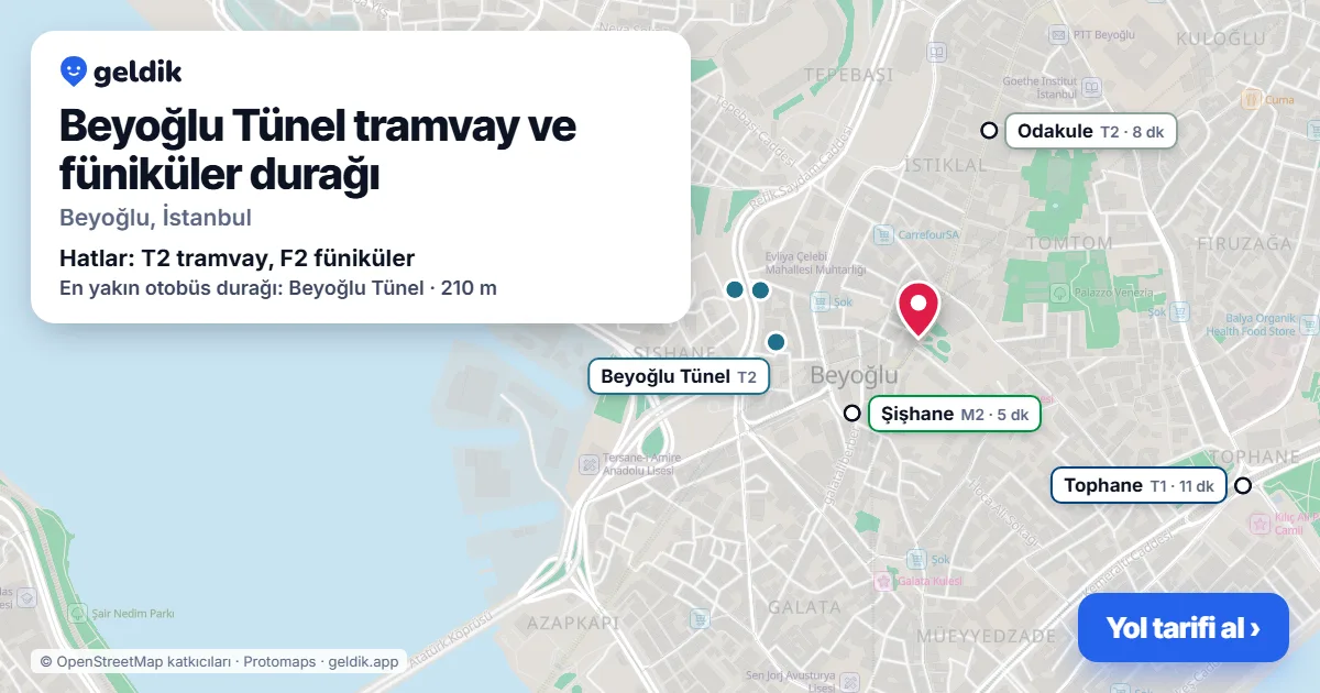 Beyoğlu Tünel tramvay ve füniküler durağı haritada: konumu, yakındaki istasyonlar ve otobüs durakları