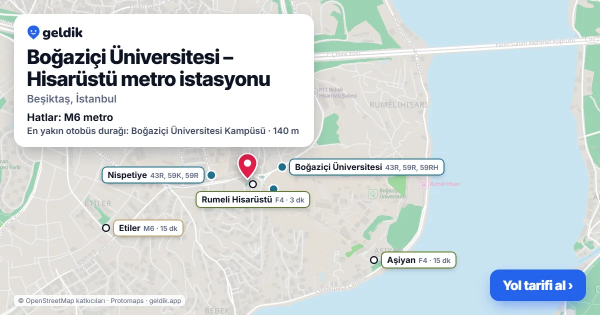 Boğaziçi Üniversitesi – Hisarüstü metro istasyonu haritada: konumu, yakındaki istasyonlar ve otobüs durakları