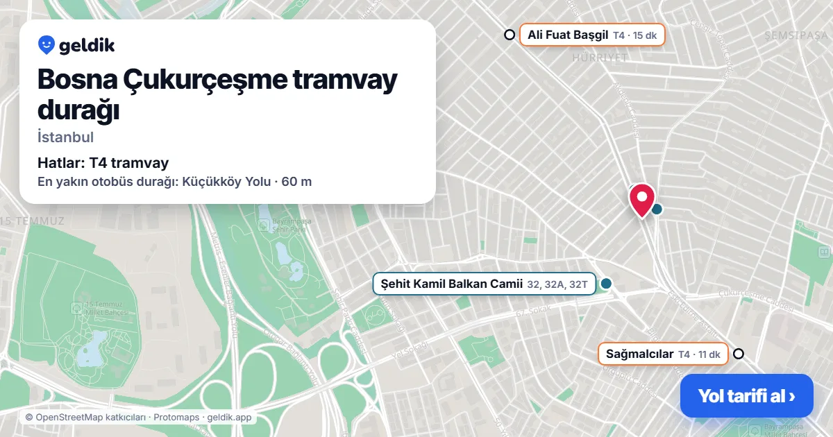 Bosna Çukurçeşme tramvay durağı haritada: konumu, yakındaki istasyonlar ve otobüs durakları