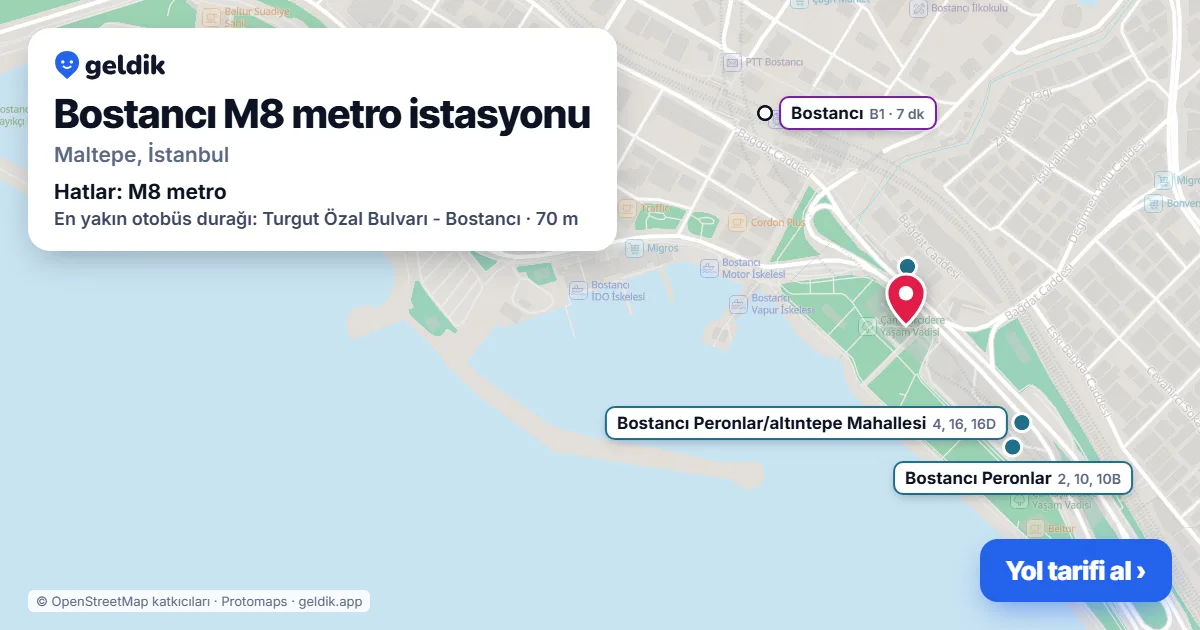 Bostancı M8 metro istasyonu haritada: konumu, yakındaki istasyonlar ve otobüs durakları