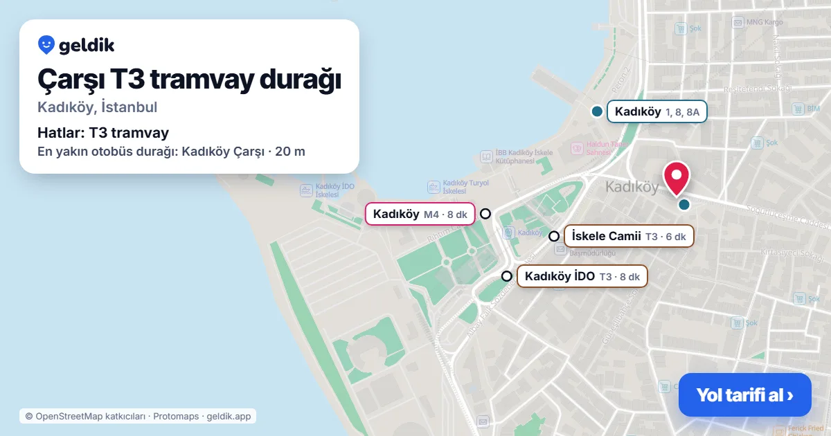 Çarşı T3 tramvay durağı haritada: konumu, yakındaki istasyonlar ve otobüs durakları