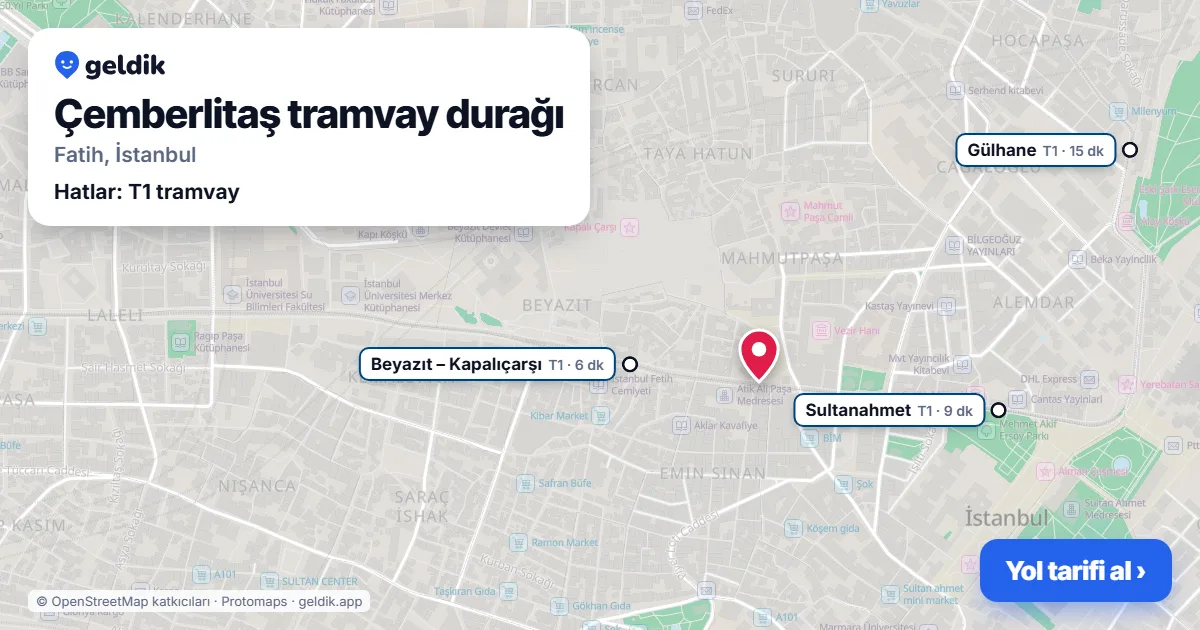 Çemberlitaş tram stop on the map: location, nearby stations and bus stops