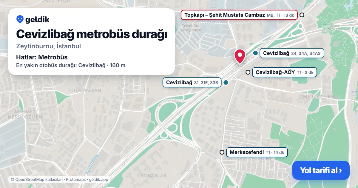 Cevizlibağ metrobüs durağı haritada: konumu, yakındaki istasyonlar ve otobüs durakları