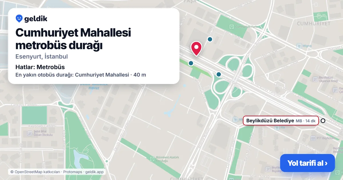 Cumhuriyet Mahallesi metrobüs durağı haritada: konumu, yakındaki istasyonlar ve otobüs durakları